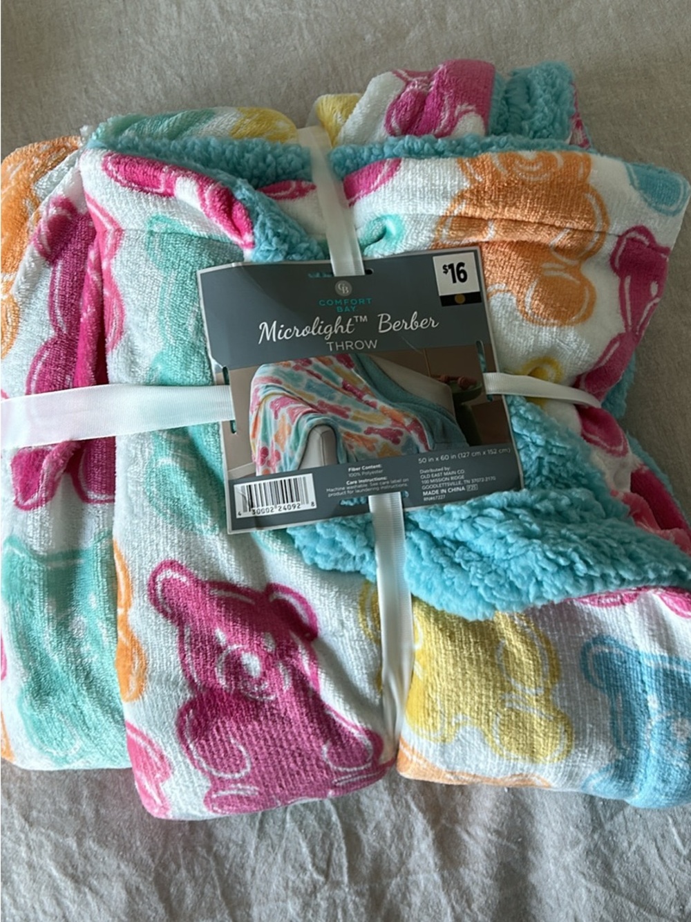 Comfort Bay Multicolor Bear Print Sherpa Throw - Teal, Pink, Orange, Yellow